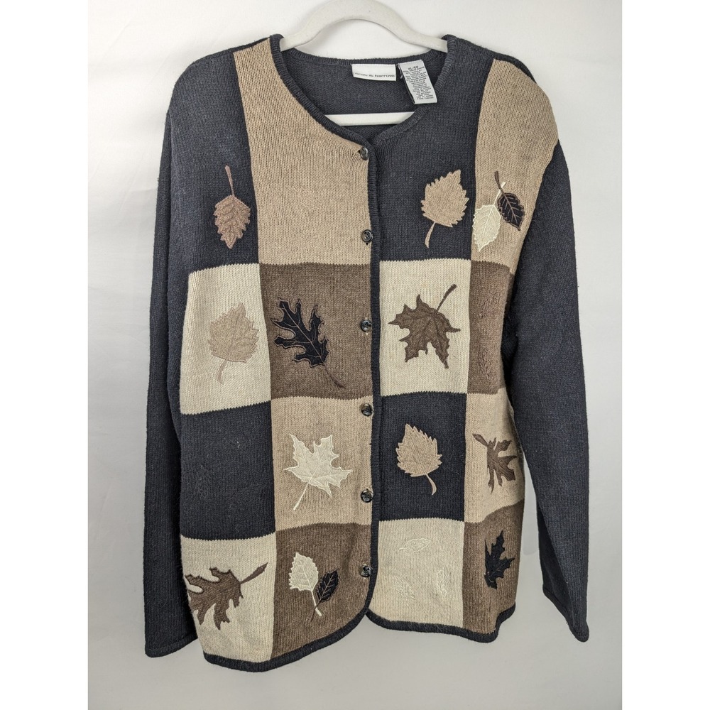 Vintage 3D Embroidered Leaf Patchwork Button Cardigan Size XL Fall Cottagecore